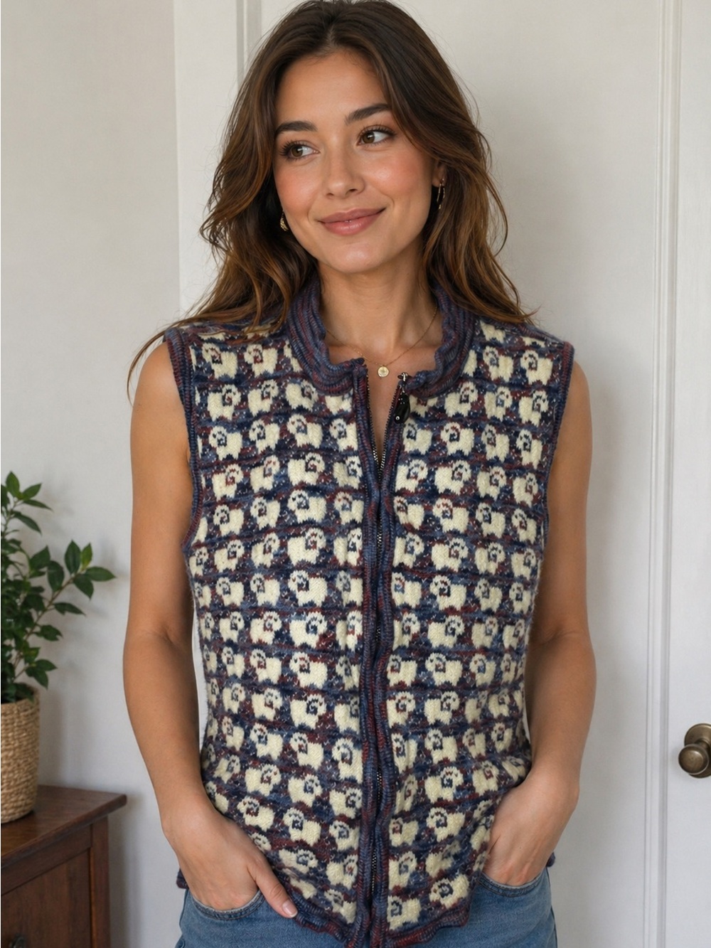 Ali Katz Novelty Animal Knit Vest New Zealand Zip Sweater Vest Cottagecore M